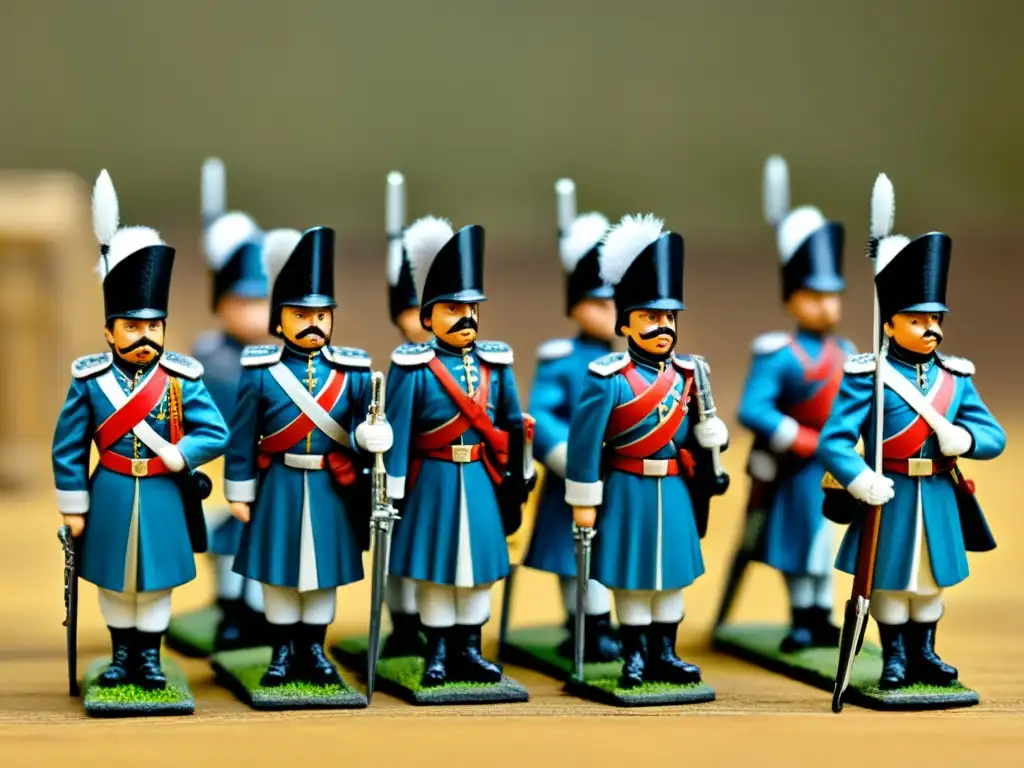 Detalle de soldaditos de plomo pintados con uniformes históricos, formando una escena de batalla