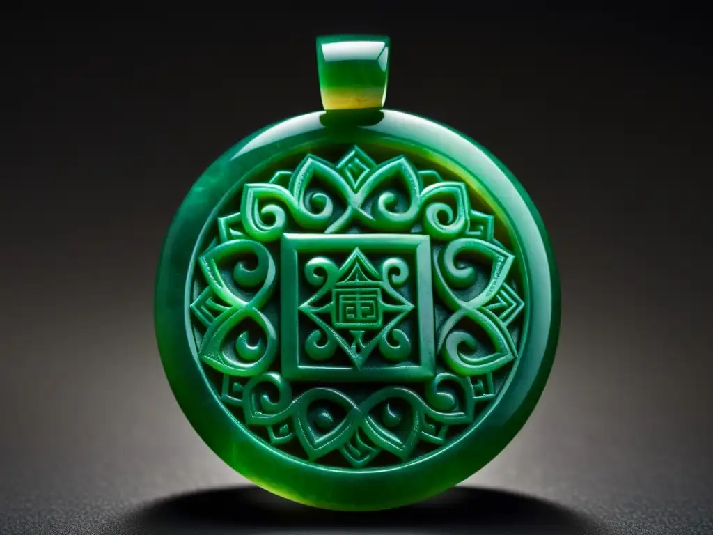 Un detalle de un talismán de jade tallado, resaltando la artesanía y el significado cultural