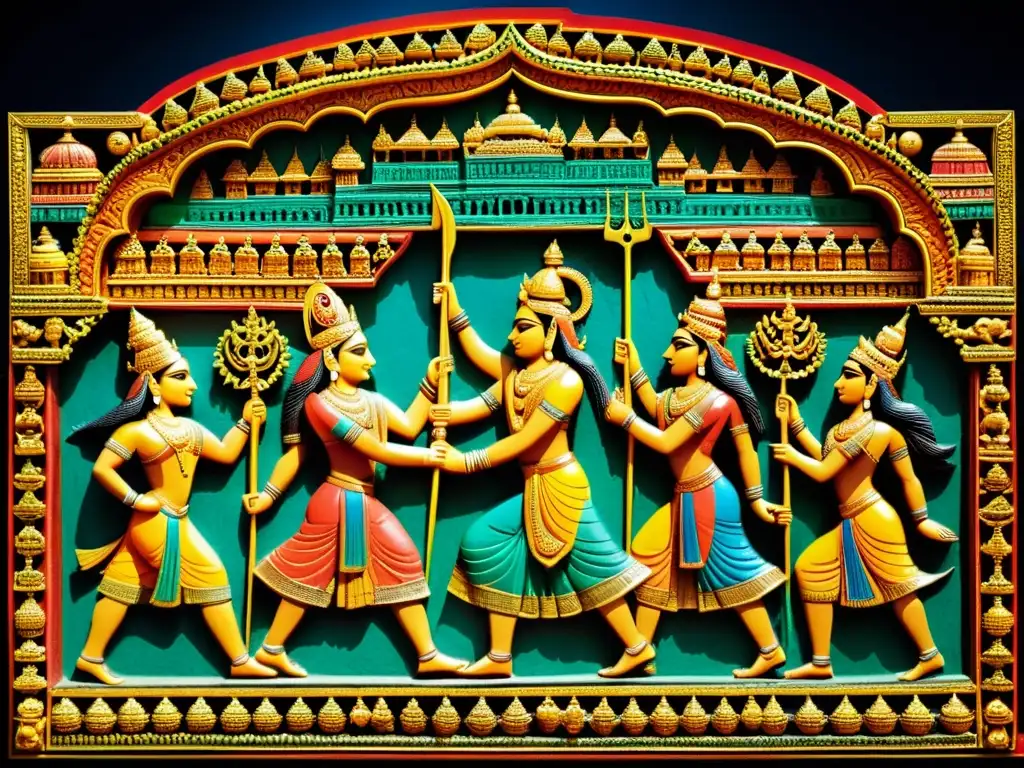 Detalle tallado de Mahabharata o Ramayana con simbolismo y ricos colores, en un museo histórico