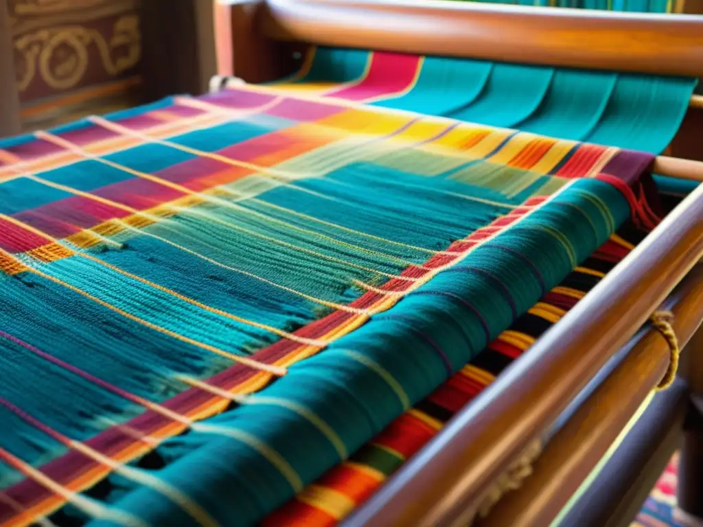 Detalle de un tejido étnico artesanal con patrones vibrantes y colores intensos, sobre un telar de madera rústico