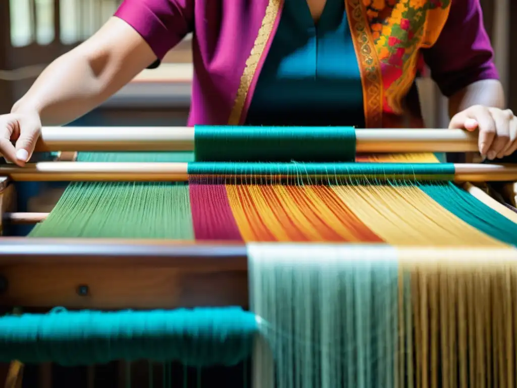 Maestría textil: Tejido a mano en alta costura Detalle de telar ancestral en alta costura, con hilos coloridos entrelazados en complejos patrones, mostrando técnicas ancestrales de alta costura