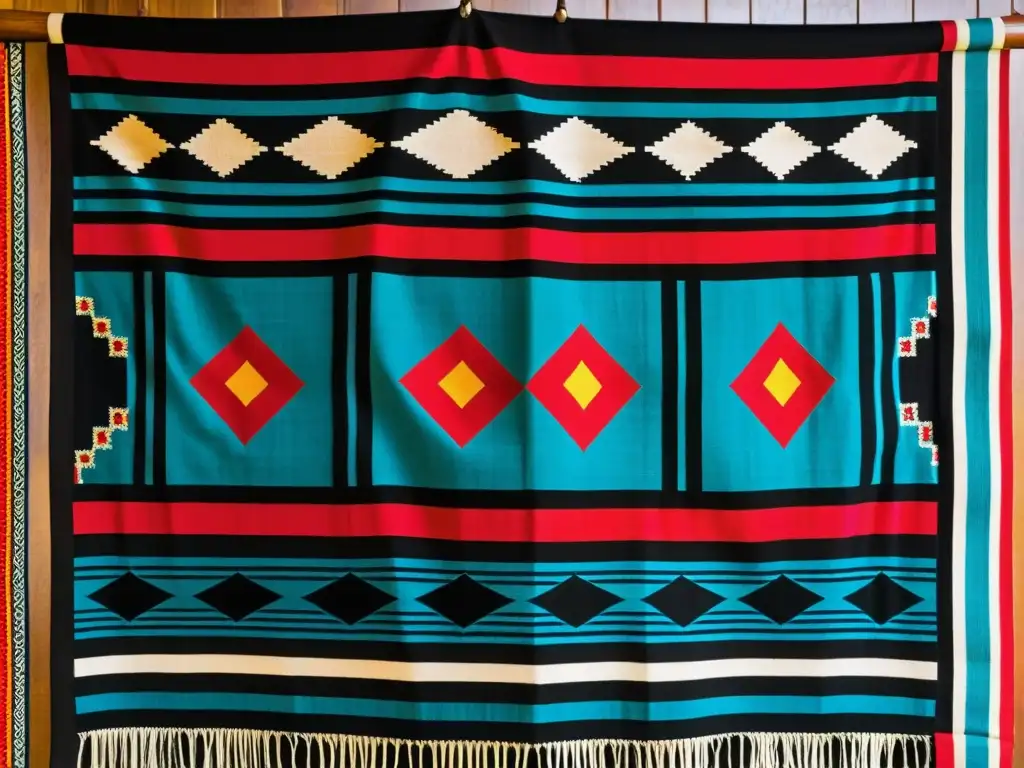 Detalle de un telar Mapuche con vibrantes patrones que representan la identidad y resistencia cultural de este pueblo ancestral