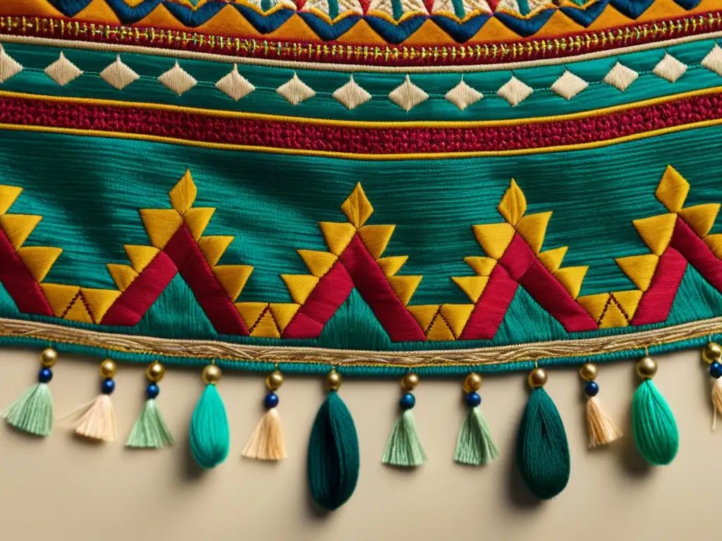 Detalle de textil antiguo con bordados vibrantes y colores terrosos, inspiración de diseñadores en culturas antiguas