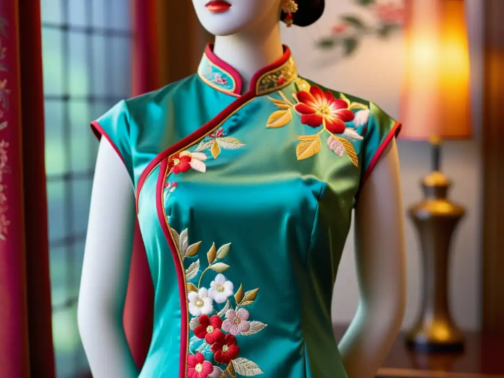 Detalle de qipao tradicional con bordados y colores vibrantes, destacando la evolución del qipao en la moda china