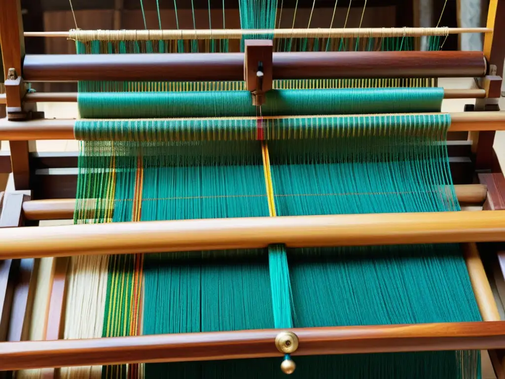 Detalle de telar tradicional con hilos vibrantes y patrones intrincados, mostrando la artesanía de la producción de arte textil étnico global