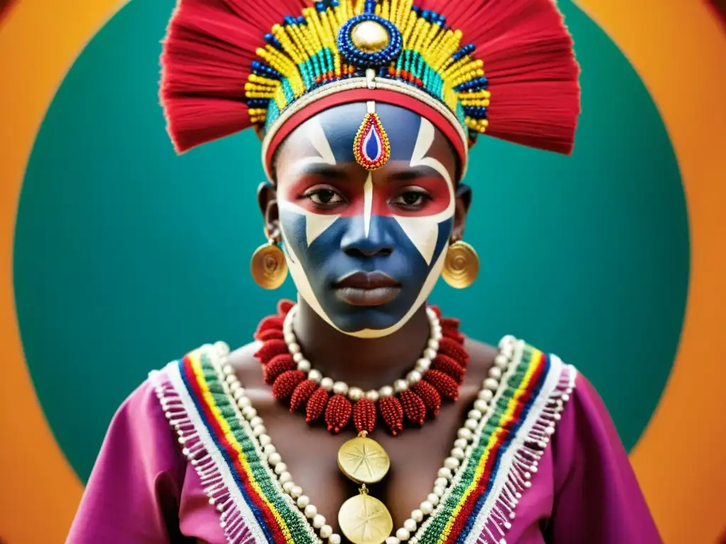 Detalle de traje ceremonial vudú haitiano, simbolismo en bordados y colores vibrantes