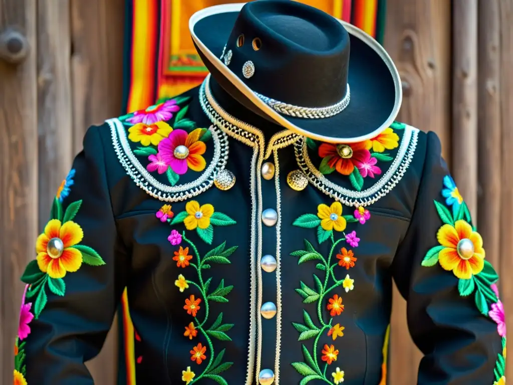 Detalle de traje de charro mexicano con bordados, botones de plata y tela colorida sobre fondo de madera envejecida