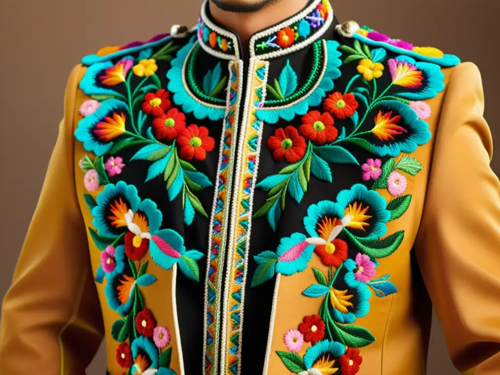 Detalle de un traje de charro mexicano bordado, resaltando la influencia mexicana en moda occidental con sus colores vibrantes y elaborados diseños