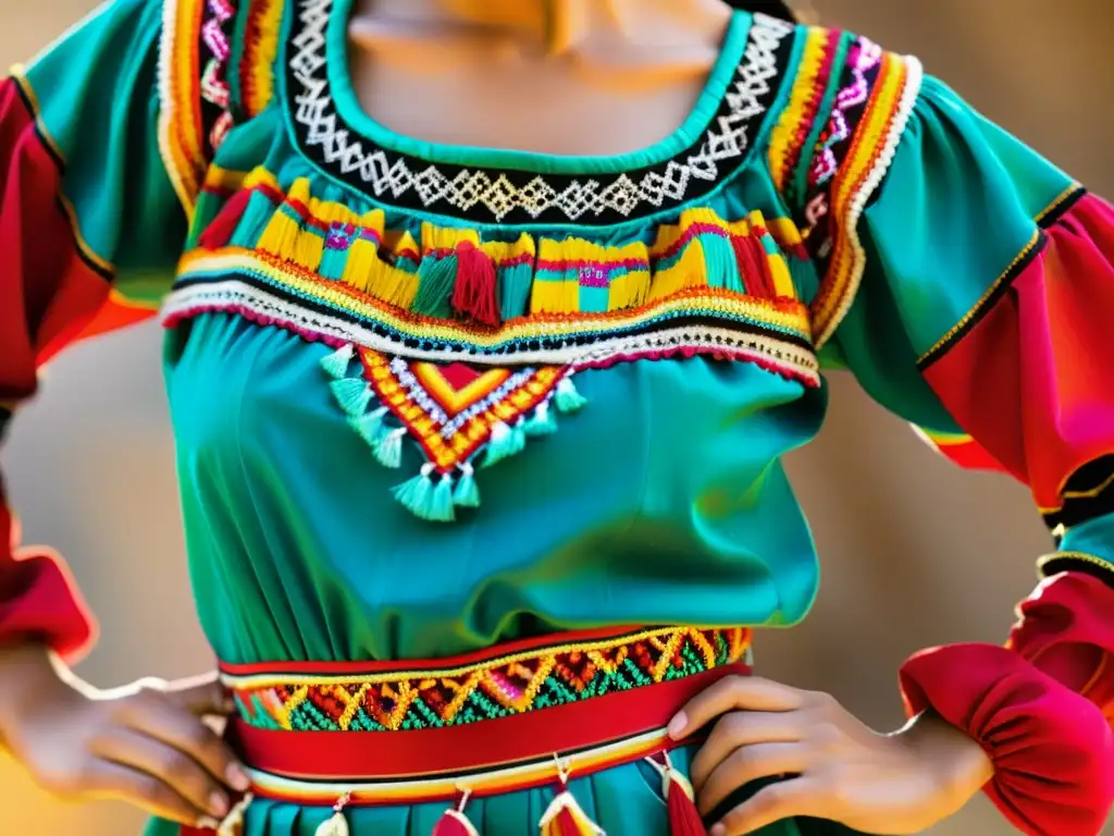 Detalle de un traje de danza mexicana bordado con técnica antigua de bordado en danza, resaltando su colorido y precisión