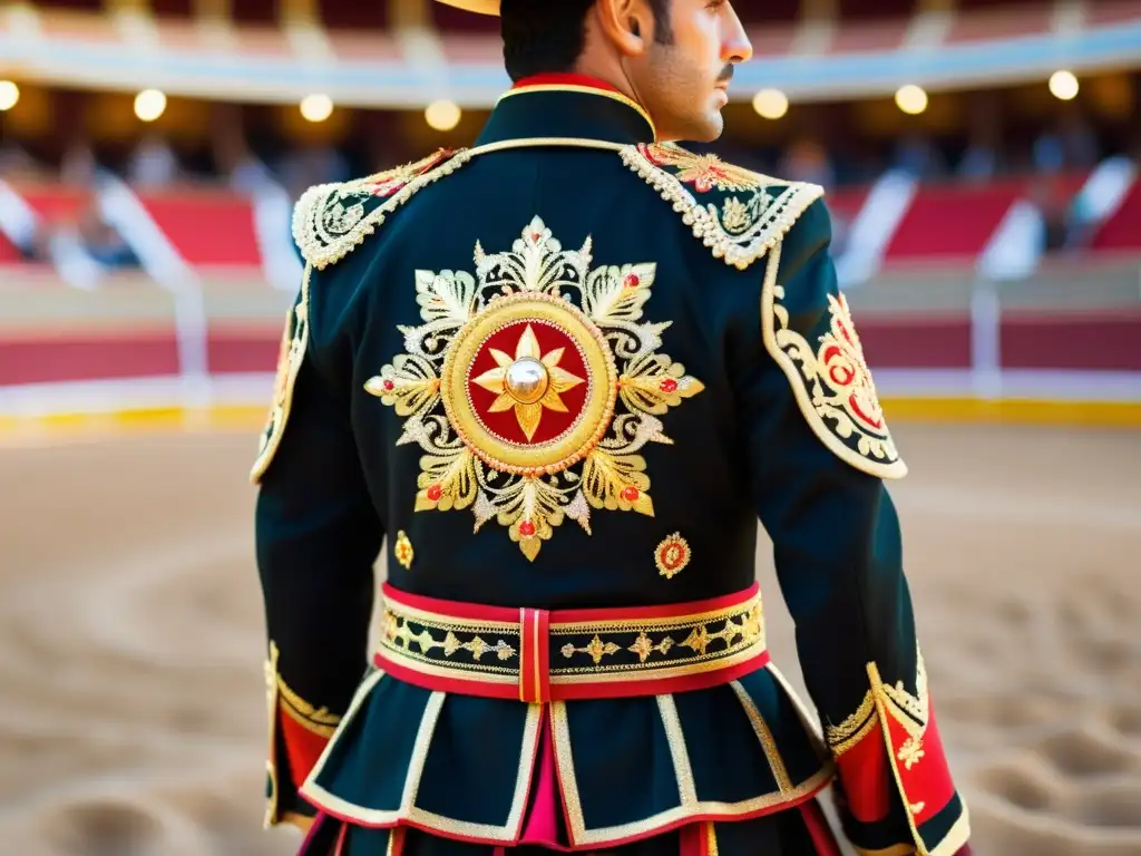 Detalle del traje de luces con bordados dorados y colores vibrantes, resaltando la controversia cultural del traje de luces en la tauromaquia española