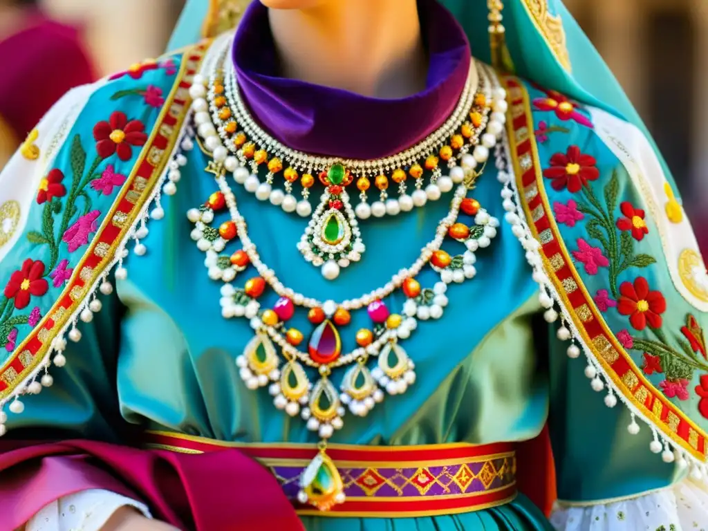 Detalle de un traje típico de la fallera valenciana, con bordados, colores vibrantes, peineta y mantón