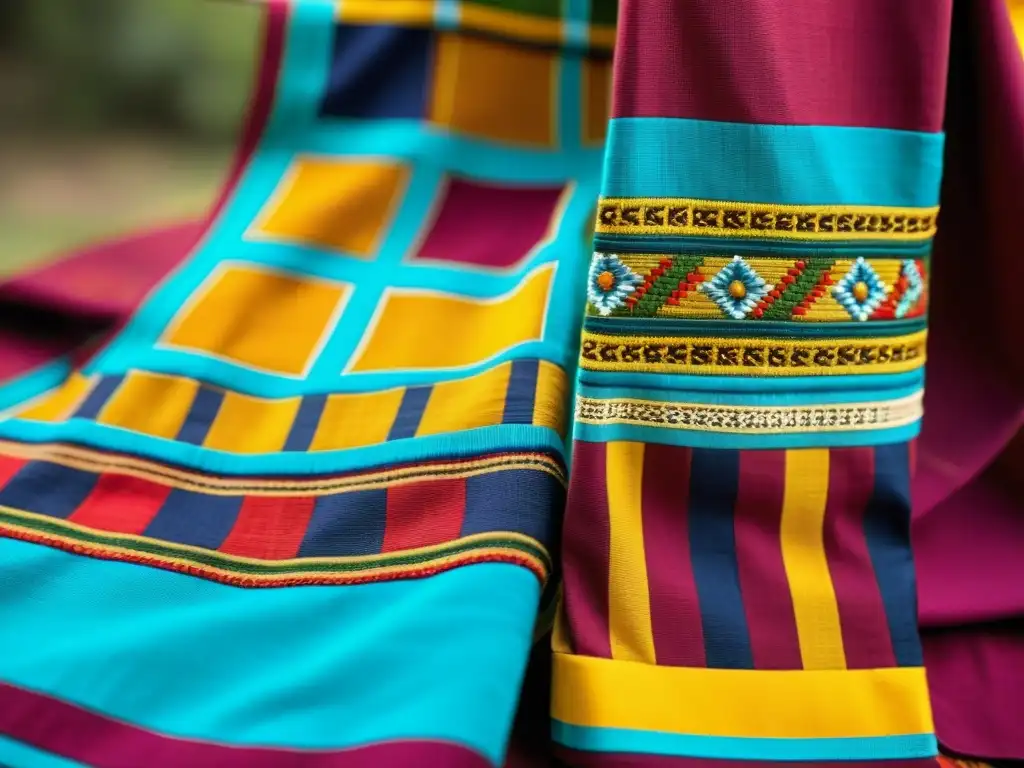 Detalle del traje Gho tradicional de Bután, deslumbrando con intrincados patrones y colores vibrantes, mostrando la artesanía y la herencia cultural