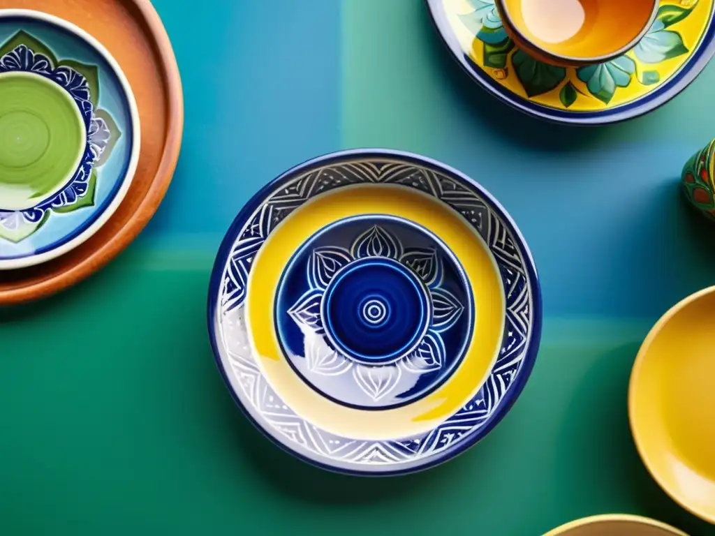 Detalle de vajilla mexicana de Talavera contemporánea en mesa tradicional mexicana con comida y textiles coloridos, iluminada por luz cálida