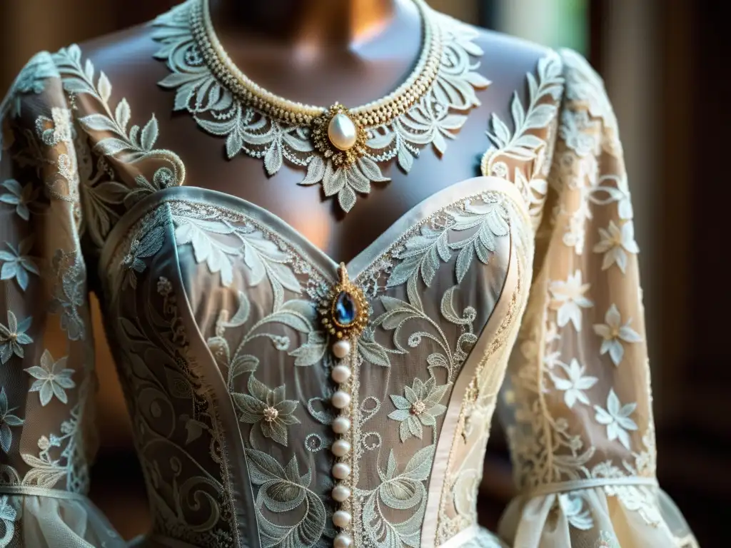 Detalle de un vestido ceremonial con encaje de Bruselas, resaltando la tradición cultural y la artesanía meticulosa del encaje