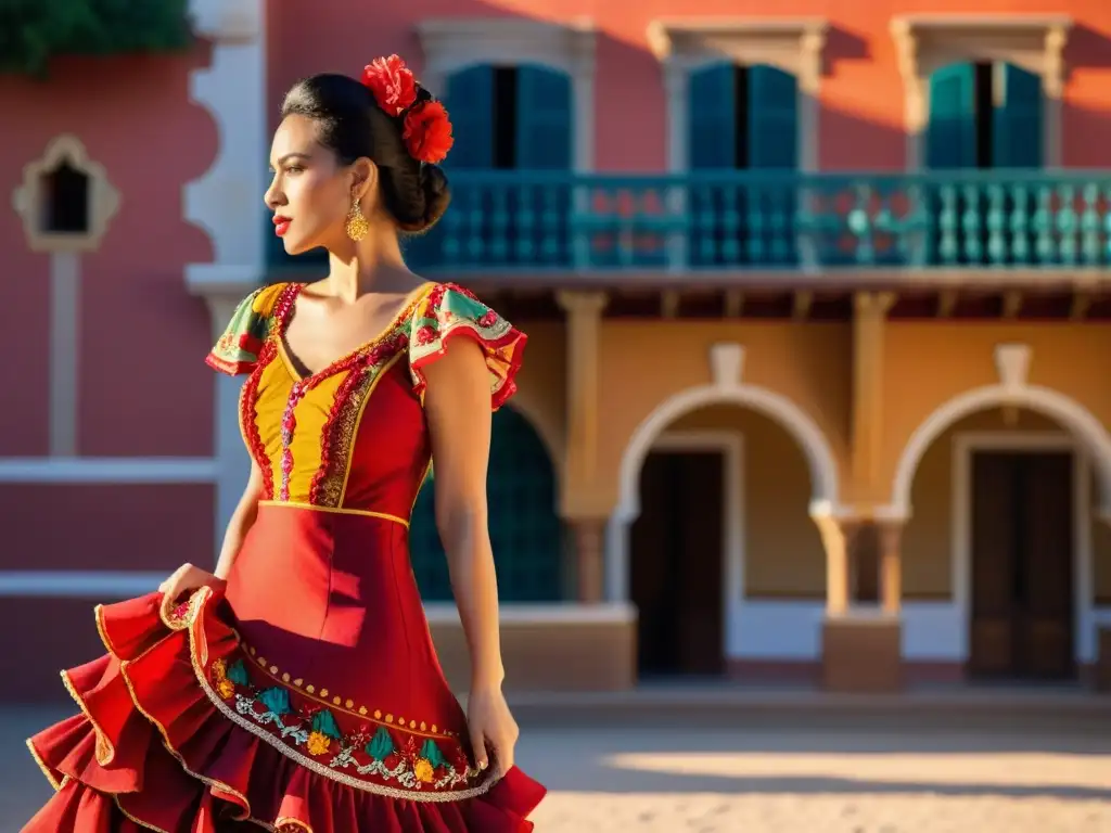 Detalle del vestido de flamenco con influencia internacional de la moda flamenca, capturando la artesanía y los colores vibrantes en un escenario tradicional español