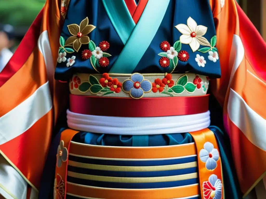 Detalle de vestimenta del festival Gion Matsuri en Kioto, Japón: colores vibrantes y bordados intrincados resaltan la artesanía y significado cultural