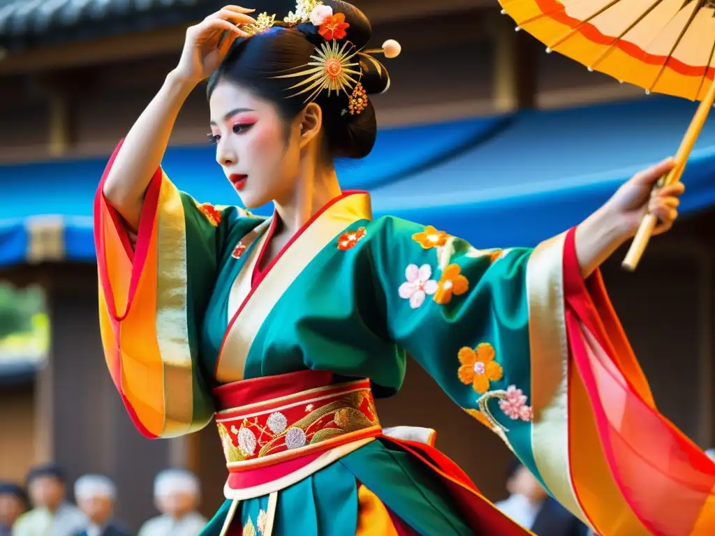 Detalle vibrante de danza japonesa en el Festival Sumiyoshi Matsuri