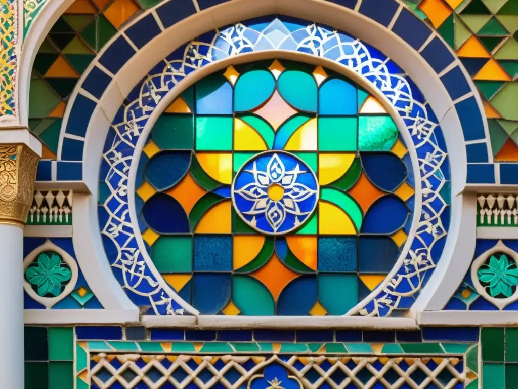 Detalle de un vibrante mosaico zellige en una histórica mezquita, con colores intensos y patrones geométricos