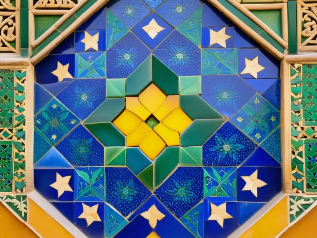 Detalle de un vibrante mosaico en la Alhambra, Granada, con patrones geométricos y motivos florales en azul, verde y amarillo