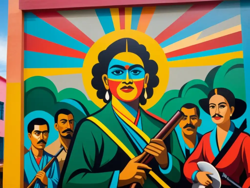 Detalle vibrante del mural de la Revolución Mexicana, con colores audaces y emociones poderosas