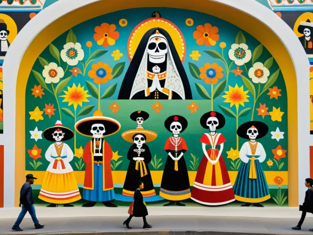 Detalle vibrante del mural 'Sueño de una Tarde Dominical en la Alameda Central' de Diego Rivera, con La Catrina y otros personajes, muestra los Murales de la Revolución Mexicana en toda su grandeza y detalle