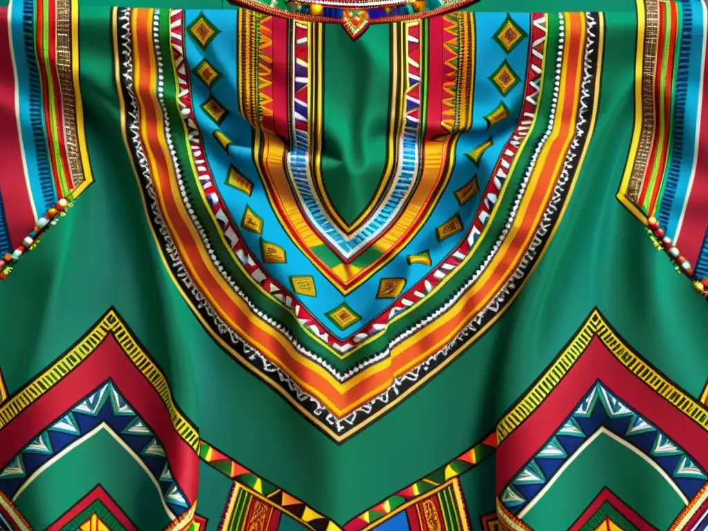 Detalle de la vibrante vestimenta africana Dashiki tradicional, con intrincados bordados y patrones coloridos, reflejando su artesanía única