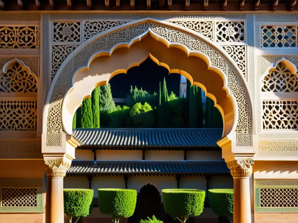 Detalle vívido de la Alhambra, resaltando la conservación del patrimonio islámico global en sus intrincados diseños y juego de luces y sombras