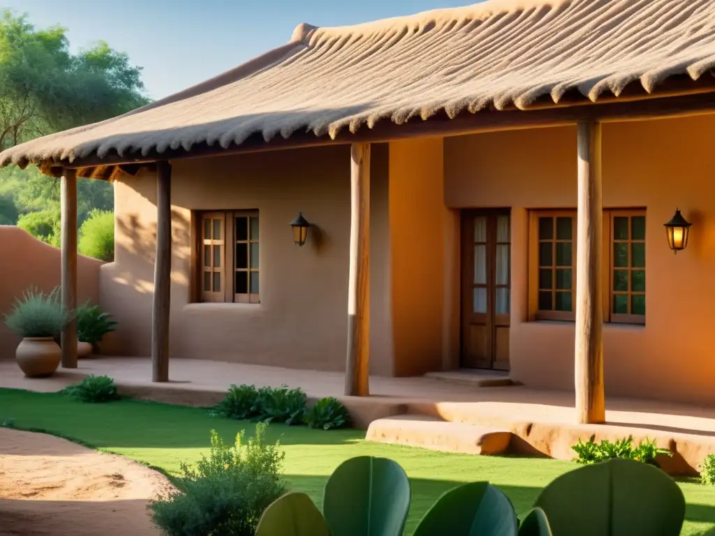 Detalles de una casa de adobe en el campo, resaltando la arquitectura local en boutique de diseño con sus tonos cálidos y texturas orgánicas