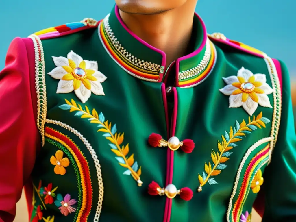 Detalles coloridos del traje tradicional de charro mexicano, destacando su artesanía e iconografía