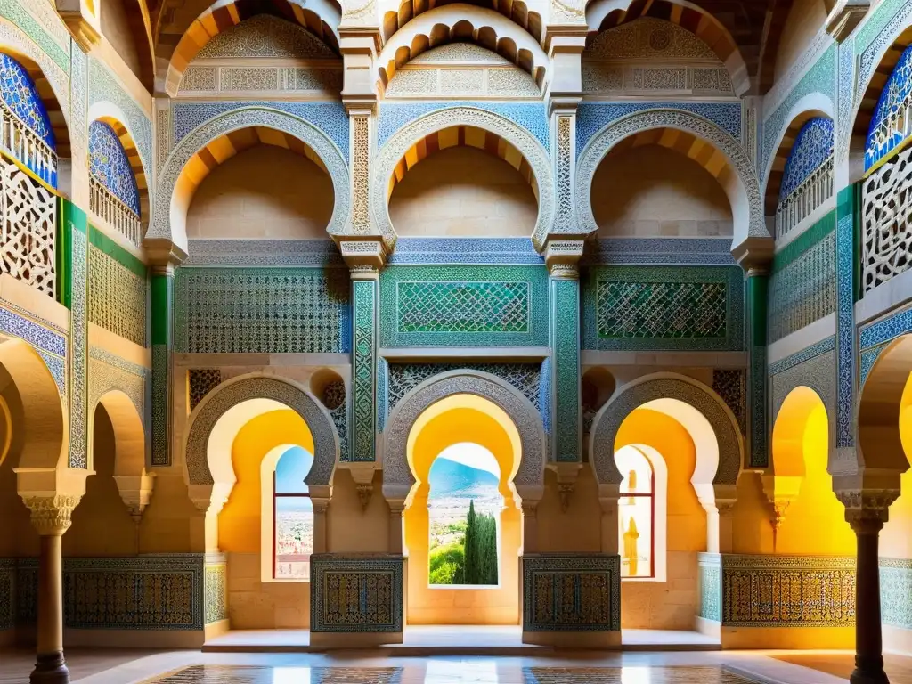 Detalles geométricos y azulejos coloridos de la Gran Mezquita de Córdoba, reflejando innovaciones técnicas construcción islámica