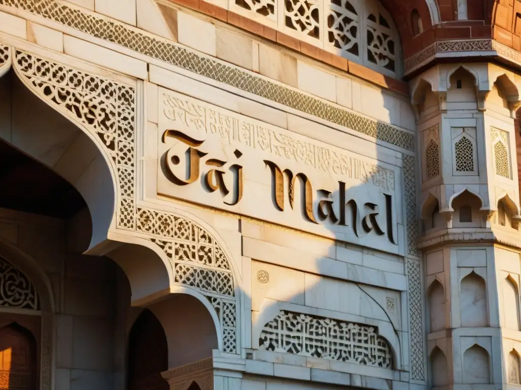 Detalles intrincados de mármol en el Taj Mahal, con sombras y luz solar que realzan su exquisita artesanía y su historia legendaria de imperio