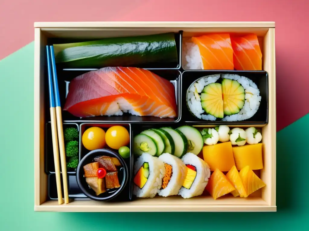 Detalles meticulosos de una exquisita caja bento japonesa, resaltando la estética en la presentación de platos