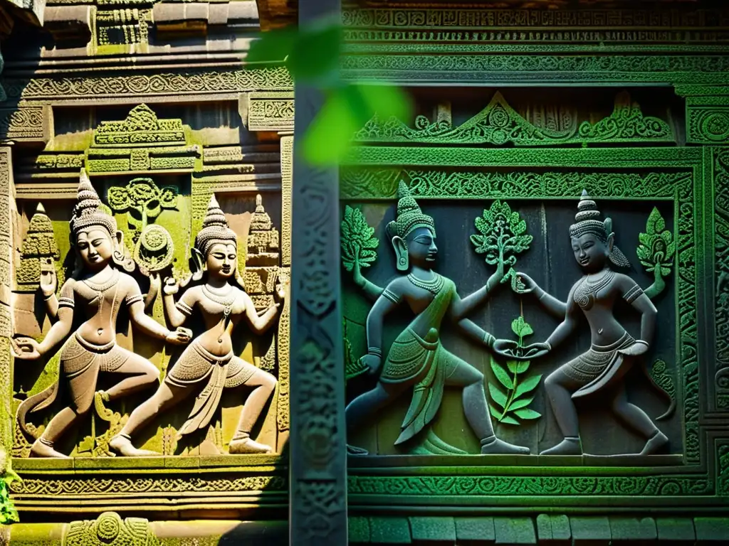 Detalles tallados en templo Angkor Wat, con figuras míticas, símbolos antiguos, y enredaderas verdes, evocando la mística selva camboyana