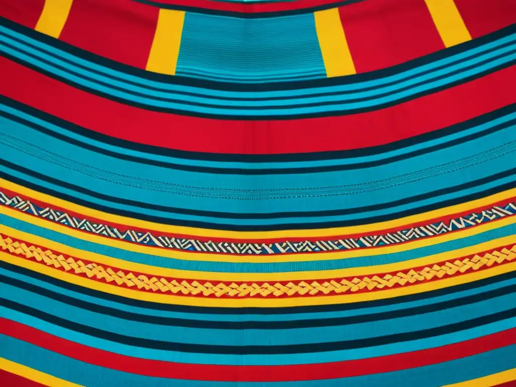 Detalles de un textil maya tradicional, con intensos colores y patrones geométricos, reflejando la importancia del diseño en arte étnico