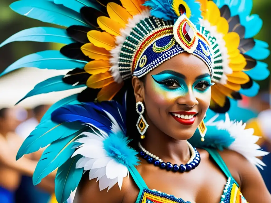 Detalles del traje de plumas y lentejuelas de una bailarina de samba durante el Carnaval de Río