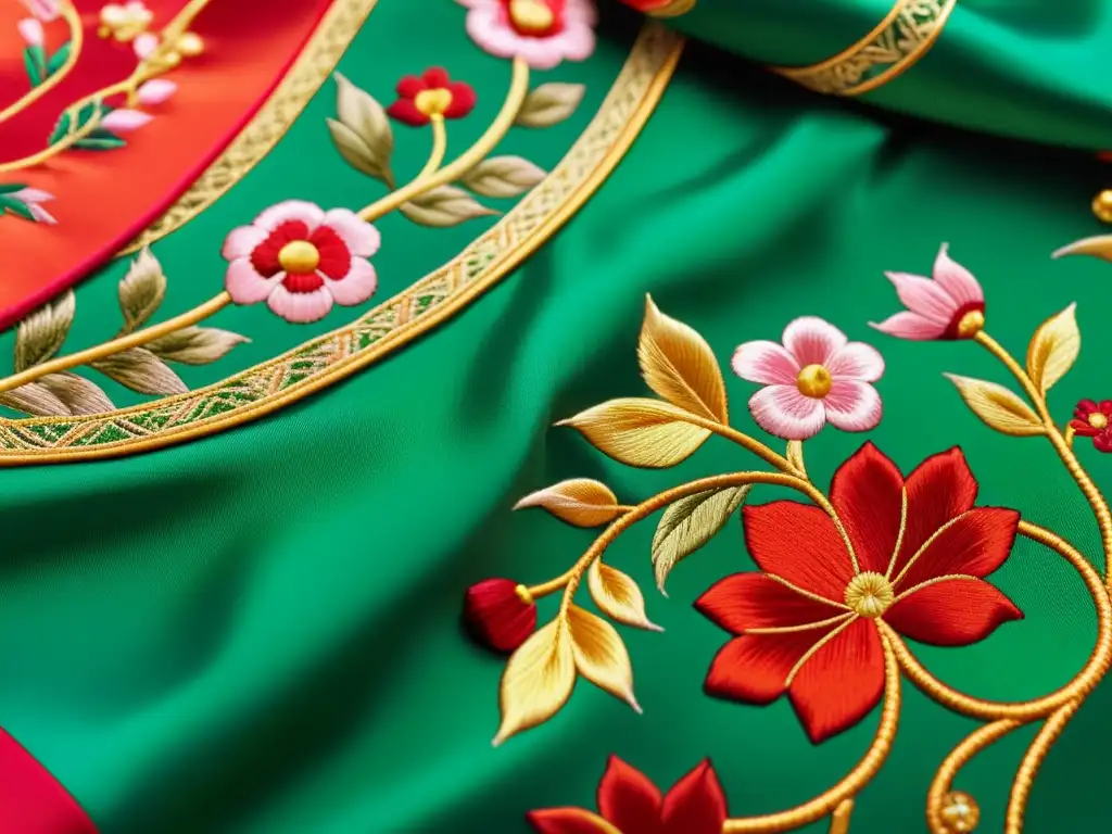 Detalles vibrantes y elegantes del bordado en un Cheongsam tradicional, destacando la artesanía y significado cultural