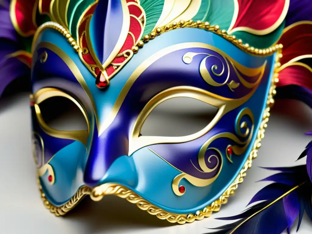 Detalles vibrantes de máscara Veneciano Carnevale tradicional, con plumas delicadas y diseño pintado a mano