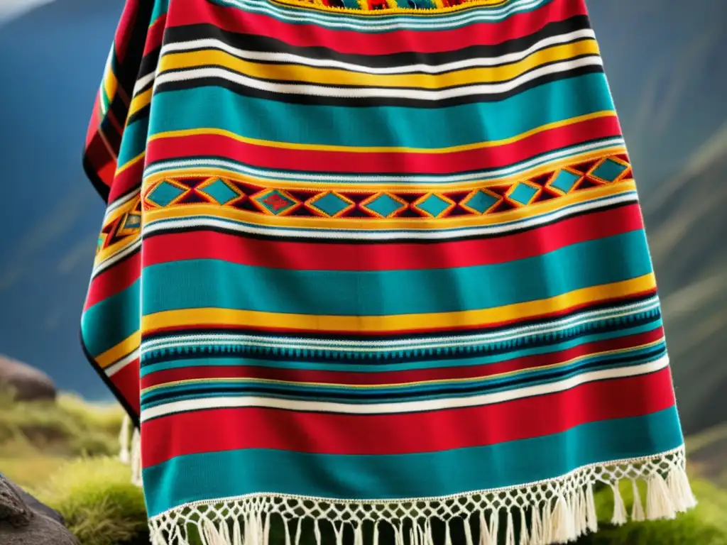 Detalles vibrantes del tejido del poncho andino, resaltando su origen y significado cultural en la moda y textiles globales