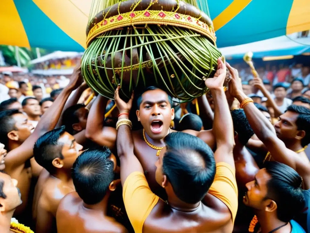 Devoto con kavadi en el bullicioso Festival Thaipusam Malasia prácticas devocionales