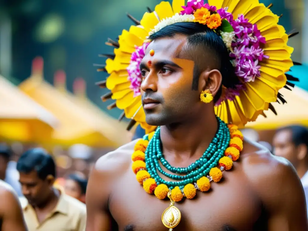 Un devoto hindú lleva un kavadi en el Festival Thaipusam en Singapur, mostrando intensidad y devoción