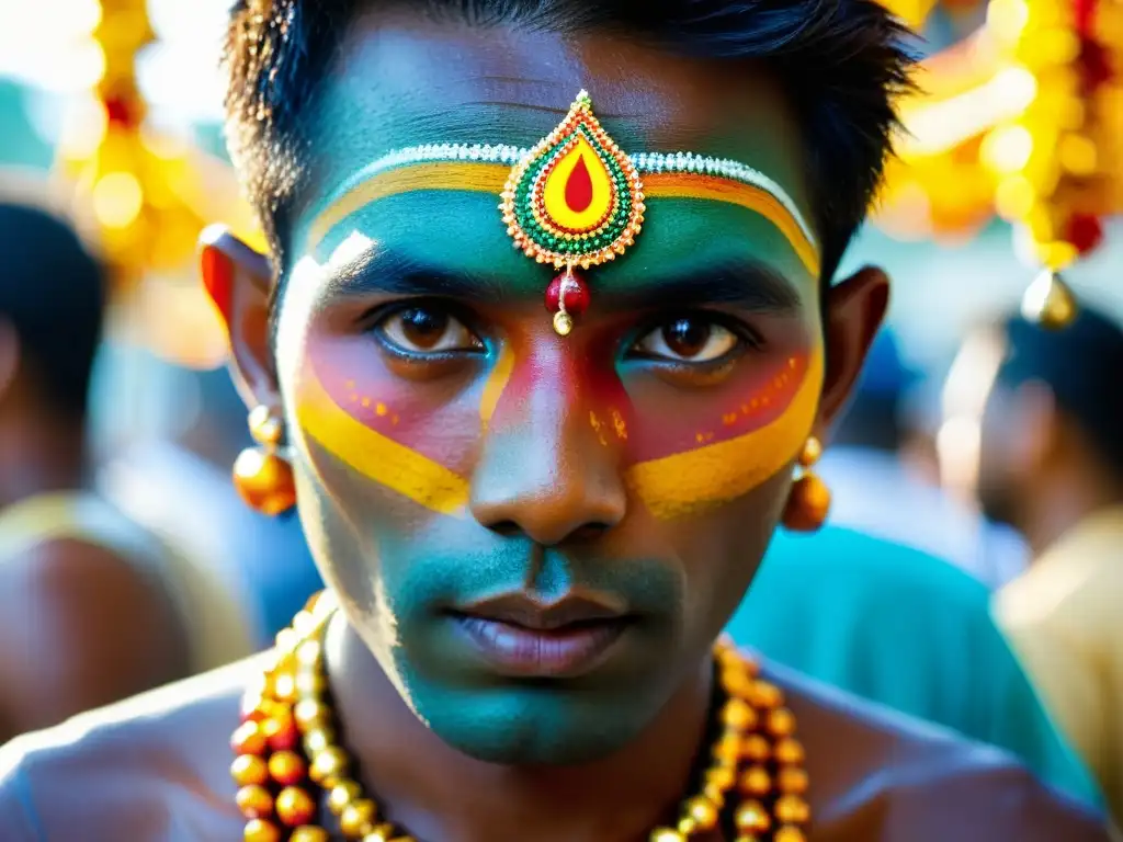 Devoto en el Festival Thaipusam Malasia prácticas devocionales llevando un kavadi entre la multitud