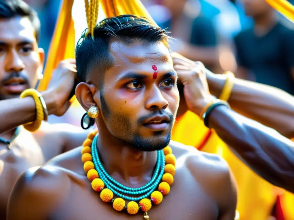 Devoto en el Festival Thaipusam Malasia prácticas devocionales, rodeado de color y fervor espiritual, con expresiones de asombro y reverencia