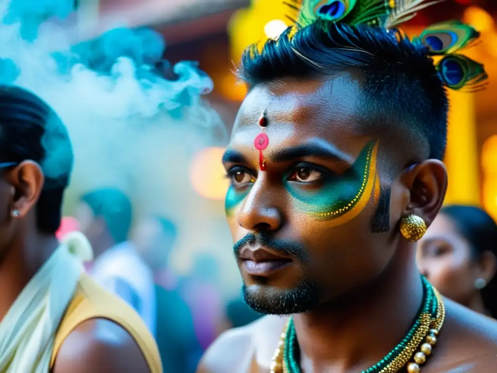 Un devoto en Thaipusam con kavadis adornados, rodeado de humo de incienso y fieles en un ritual extremo