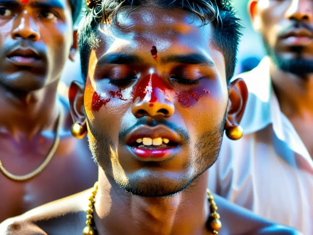 Devoto en trance con rituales extremos durante Thaipusam, rodeado de espectadores y colores vibrantes