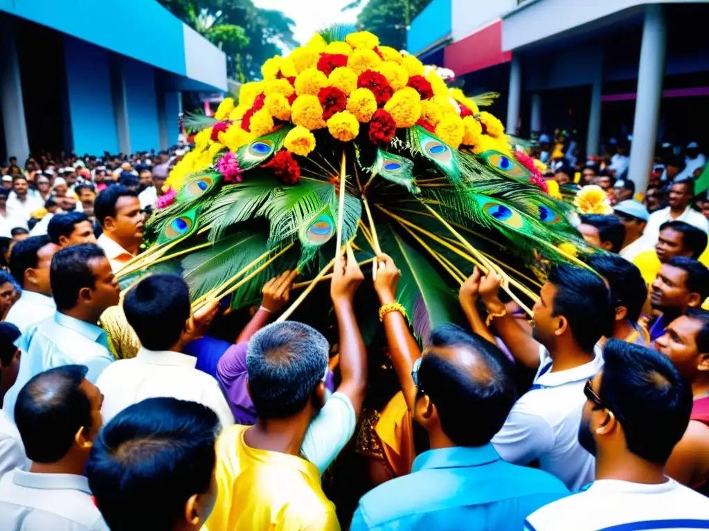 Devotos llevan Kavadi en festival Thaipusam en Malasia, con adornos coloridos y expresiones de fe