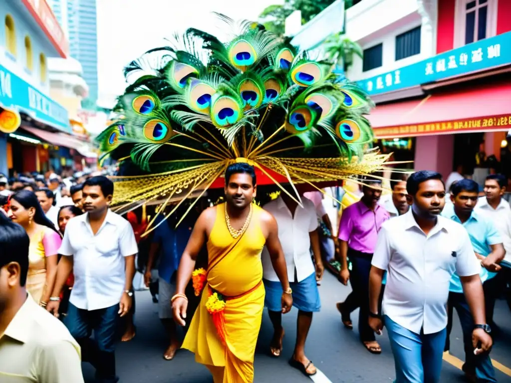 Devotos llevan un Kavadi en el Festival Thaipusam en Singapur, entre multitudes y música tradicional, demostrando su devoción a Lord Murugan