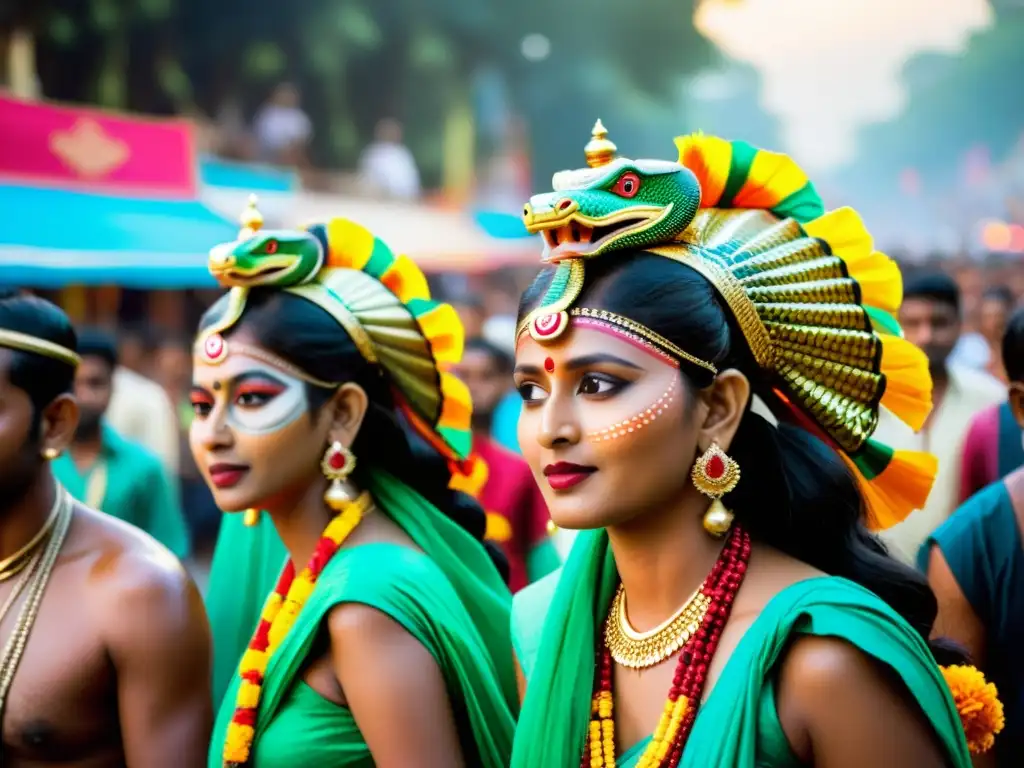Devotos hindúes llevan estatuas de Nagas en una colorida procesión callejera, reflejando la importancia de los Nagas en la mitología hindú