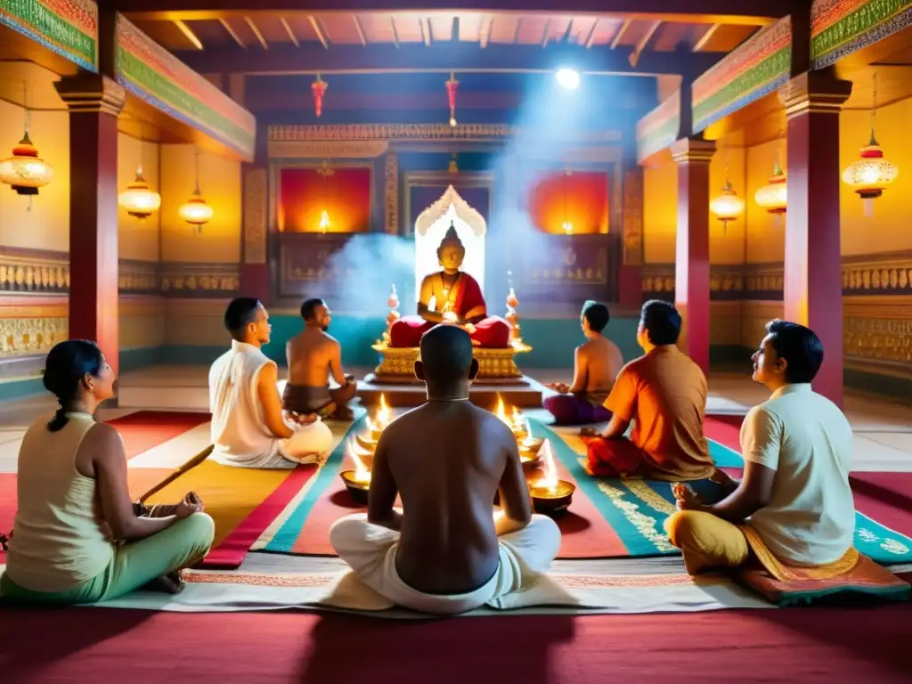 Devotos entonando mantras en un templo hindú de la India, rodeados de colores y rituales sagrados