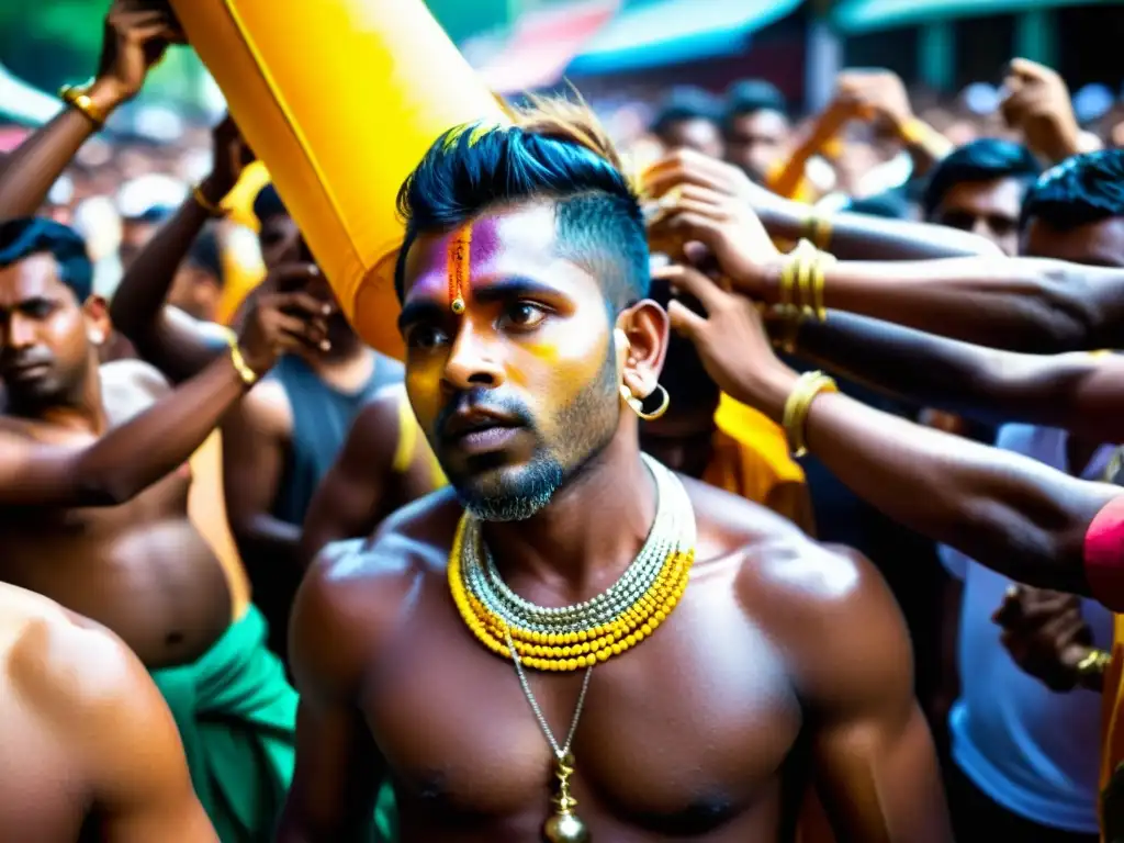 Devotos participando en rituales extremos durante Thaipusam, con intensas expresiones y colorida vestimenta tradicional