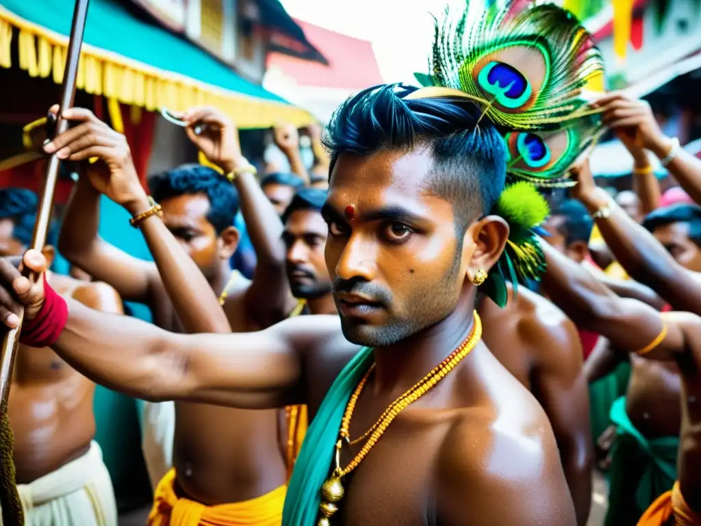 Devotos en trance durante Thaipusam, con rituales extremos y coloridas vestimentas, en un escenario de templo con juego de luces y sombras